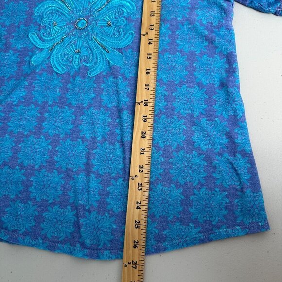 Chicos Embellished Medallion Tee Size L Blue Cotton Modal Blend Summer - Picture 7 of 9